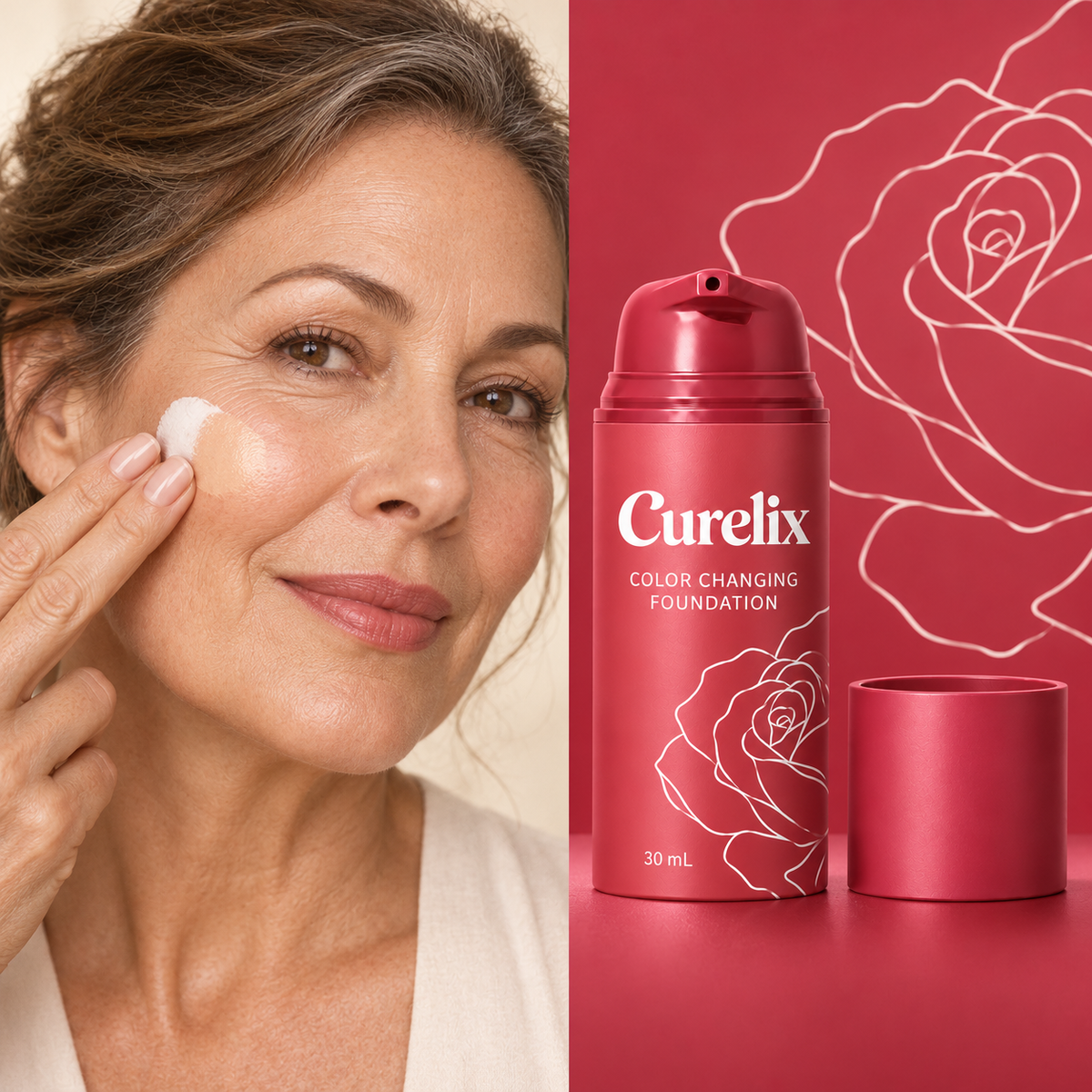 Woman blending Curelix Color Changing Foundation beside the Curelix bottle