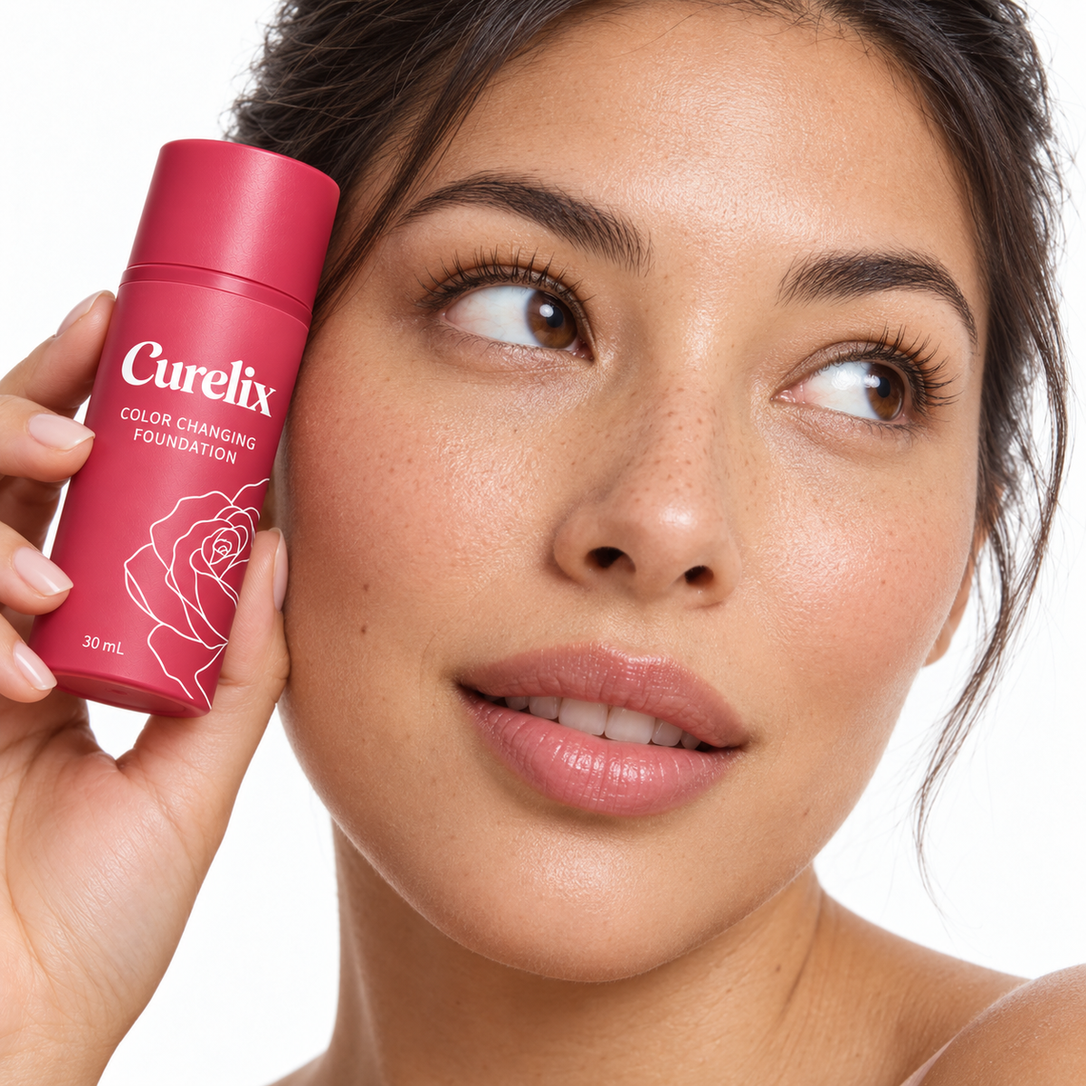 Woman holding the Curelix Color Changing Foundation pump bottle