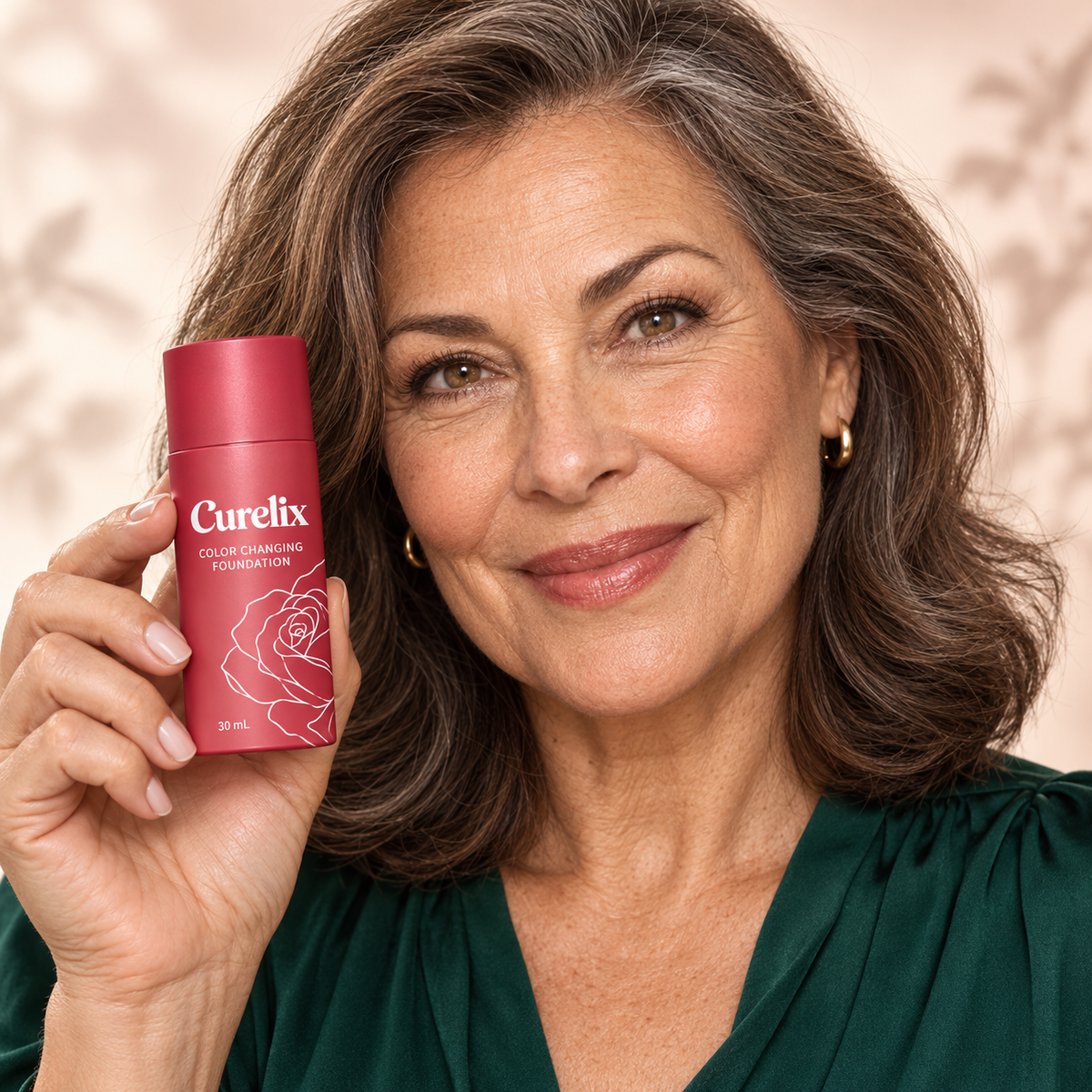 Mature woman holding Curelix Color Changing Foundation